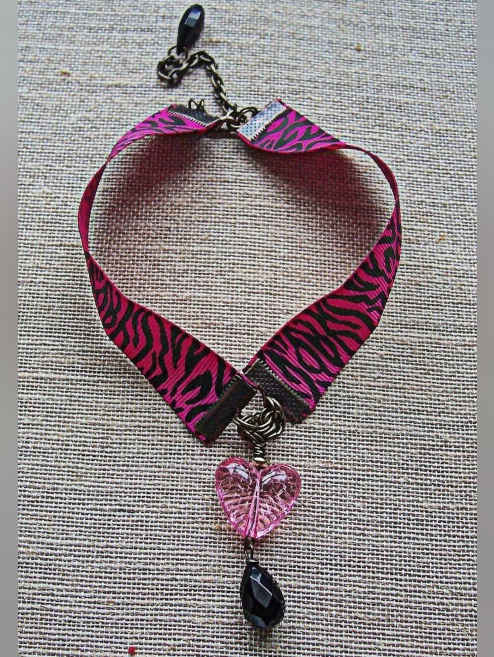 Pink Zebra Print Ribbon Choker with Heart Pendant